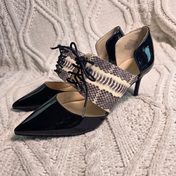 Nine West Shoes - Nine West Marnieo Pumps Black Snakeskin Lace Up Stiletto Heels Womens 10 NEW